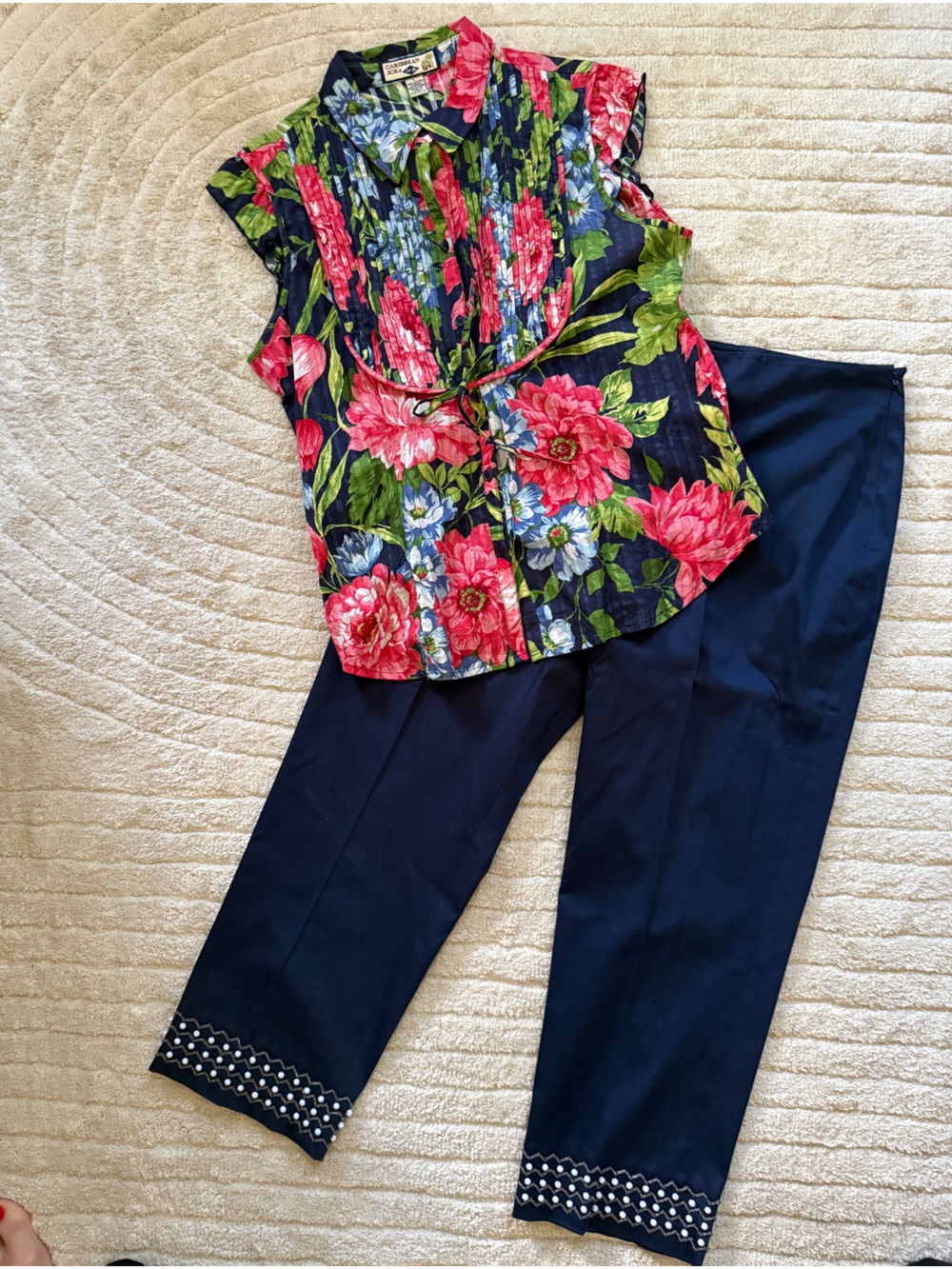 Navy Women's Dress Pants with Floral Top Styling
